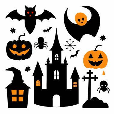 Bu Cadılar Bayramı siluet vektörü cadılar, balkabakları, hayaletler ve yarasalar gibi ürkütücü tasarımlar içeriyor. Parti davetiyeleri, dekorasyonlar ve ürkütücü Cadılar Bayramı temalı projeler için mükemmel..