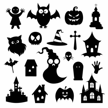 Bu Cadılar Bayramı siluet vektörü cadılar, balkabakları, hayaletler ve yarasalar gibi ürkütücü tasarımlar içeriyor. Parti davetiyeleri, dekorasyonlar ve ürkütücü Cadılar Bayramı temalı projeler için mükemmel..