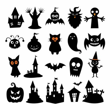 Bu Cadılar Bayramı siluet vektörü cadılar, balkabakları, hayaletler ve yarasalar gibi ürkütücü tasarımlar içeriyor. Parti davetiyeleri, dekorasyonlar ve ürkütücü Cadılar Bayramı temalı projeler için mükemmel..