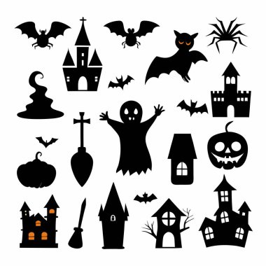Bu Cadılar Bayramı siluet vektörü cadılar, balkabakları, hayaletler ve yarasalar gibi ürkütücü tasarımlar içeriyor. Parti davetiyeleri, dekorasyonlar ve ürkütücü Cadılar Bayramı temalı projeler için mükemmel..