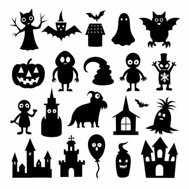 Bu Cadılar Bayramı siluet vektörü cadılar, balkabakları, hayaletler ve yarasalar gibi ürkütücü tasarımlar içeriyor. Parti davetiyeleri, dekorasyonlar ve ürkütücü Cadılar Bayramı temalı projeler için mükemmel..