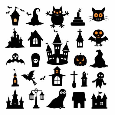 Bu Cadılar Bayramı siluet vektörü cadılar, balkabakları, hayaletler ve yarasalar gibi ürkütücü tasarımlar içeriyor. Parti davetiyeleri, dekorasyonlar ve ürkütücü Cadılar Bayramı temalı projeler için mükemmel..