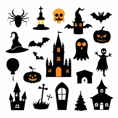 Bu Cadılar Bayramı siluet vektörü cadılar, balkabakları, hayaletler ve yarasalar gibi ürkütücü tasarımlar içeriyor. Parti davetiyeleri, dekorasyonlar ve ürkütücü Cadılar Bayramı temalı projeler için mükemmel..