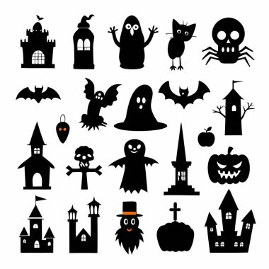 Bu Cadılar Bayramı siluet vektörü cadılar, balkabakları, hayaletler ve yarasalar gibi ürkütücü tasarımlar içeriyor. Parti davetiyeleri, dekorasyonlar ve ürkütücü Cadılar Bayramı temalı projeler için mükemmel..