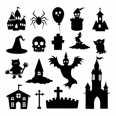 Bu Cadılar Bayramı siluet vektörü cadılar, balkabakları, hayaletler ve yarasalar gibi ürkütücü tasarımlar içeriyor. Parti davetiyeleri, dekorasyonlar ve ürkütücü Cadılar Bayramı temalı projeler için mükemmel..