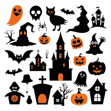 Bu Cadılar Bayramı siluet vektörü cadılar, balkabakları, hayaletler ve yarasalar gibi ürkütücü tasarımlar içeriyor. Parti davetiyeleri, dekorasyonlar ve ürkütücü Cadılar Bayramı temalı projeler için mükemmel..