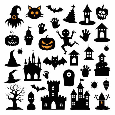 Bu Cadılar Bayramı siluet vektörü cadılar, balkabakları, hayaletler ve yarasalar gibi ürkütücü tasarımlar içeriyor. Parti davetiyeleri, dekorasyonlar ve ürkütücü Cadılar Bayramı temalı projeler için mükemmel..
