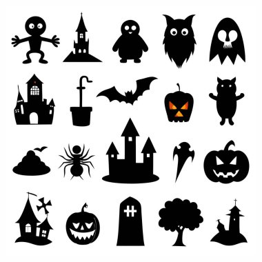 Bu Cadılar Bayramı siluet vektörü cadılar, balkabakları, hayaletler ve yarasalar gibi ürkütücü tasarımlar içeriyor. Parti davetiyeleri, dekorasyonlar ve ürkütücü Cadılar Bayramı temalı projeler için mükemmel..