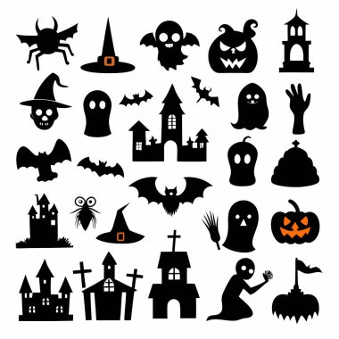 Bu Cadılar Bayramı siluet vektörü cadılar, balkabakları, hayaletler ve yarasalar gibi ürkütücü tasarımlar içeriyor. Parti davetiyeleri, dekorasyonlar ve ürkütücü Cadılar Bayramı temalı projeler için mükemmel..