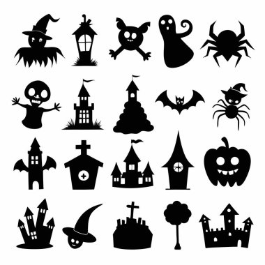 Bu Cadılar Bayramı siluet vektörü cadılar, balkabakları, hayaletler ve yarasalar gibi ürkütücü tasarımlar içeriyor. Parti davetiyeleri, dekorasyonlar ve ürkütücü Cadılar Bayramı temalı projeler için mükemmel..