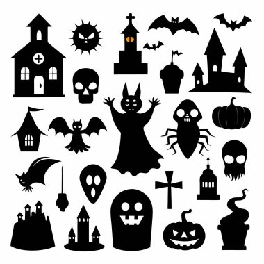 Bu Cadılar Bayramı siluet vektörü cadılar, balkabakları, hayaletler ve yarasalar gibi ürkütücü tasarımlar içeriyor. Parti davetiyeleri, dekorasyonlar ve ürkütücü Cadılar Bayramı temalı projeler için mükemmel..