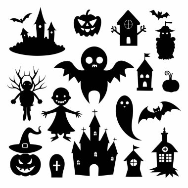 Bu Cadılar Bayramı siluet vektörü cadılar, balkabakları, hayaletler ve yarasalar gibi ürkütücü tasarımlar içeriyor. Parti davetiyeleri, dekorasyonlar ve ürkütücü Cadılar Bayramı temalı projeler için mükemmel..
