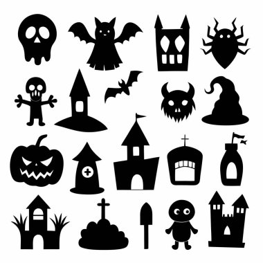 Bu Cadılar Bayramı siluet vektörü cadılar, balkabakları, hayaletler ve yarasalar gibi ürkütücü tasarımlar içeriyor. Parti davetiyeleri, dekorasyonlar ve ürkütücü Cadılar Bayramı temalı projeler için mükemmel..