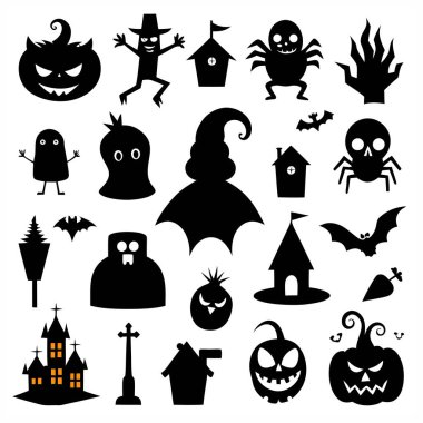 Bu Cadılar Bayramı siluet vektörü cadılar, balkabakları, hayaletler ve yarasalar gibi ürkütücü tasarımlar içeriyor. Parti davetiyeleri, dekorasyonlar ve ürkütücü Cadılar Bayramı temalı projeler için mükemmel..