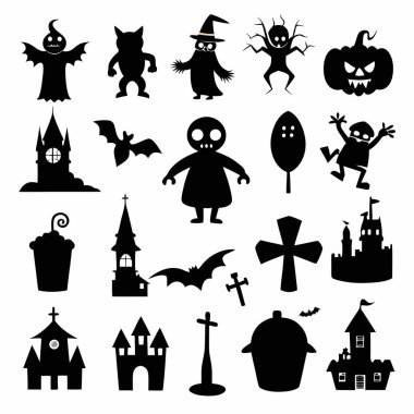 Bu Cadılar Bayramı siluet vektörü cadılar, balkabakları, hayaletler ve yarasalar gibi ürkütücü tasarımlar içeriyor. Parti davetiyeleri, dekorasyonlar ve ürkütücü Cadılar Bayramı temalı projeler için mükemmel..