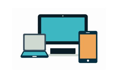 Bir dizüstü bilgisayar, cep telefonu ve dijital tabletin 3 boyutlu tasviri, kırpma yolu ile beyaza izole edilmiş. Teknolojiyle ilgili projeler, sunumlar veya dijital ürün tasarımları için mükemmel.