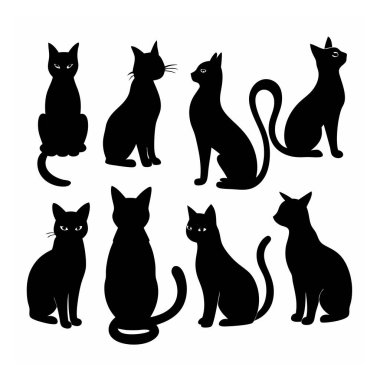 This Cat Silhouette Vector Set features sleek, minimal designs of cats in various poses. Perfect for pet-themed projects, logos, or artwork requiring a stylish, feline touch. clipart