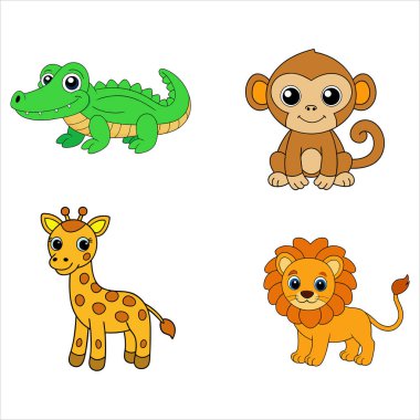 A charming vector set of animal line art illustrations, featuring a crocodile, giraffe, koala, monkey, lion, and sheep. Perfect for educational, playful, and nature-themed designs. clipart