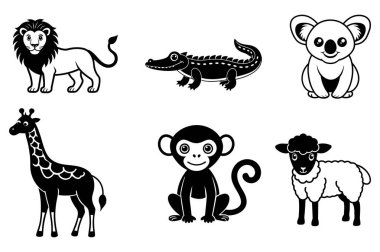 Bir timsah, zürafa, koala, maymun, aslan ve koyunun yer aldığı hayvansal çizgilerden oluşan büyüleyici bir vektör seti. Eğitici, oyuncu ve doğa temalı tasarımlar için mükemmel..