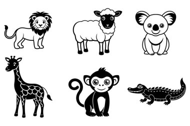 Bir timsah, zürafa, koala, maymun, aslan ve koyunun yer aldığı hayvansal çizgilerden oluşan büyüleyici bir vektör seti. Eğitici, oyuncu ve doğa temalı tasarımlar için mükemmel..