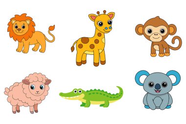 Bir timsah, zürafa, koala, maymun, aslan ve koyunun yer aldığı hayvansal çizgilerden oluşan büyüleyici bir vektör seti. Eğitici, oyuncu ve doğa temalı tasarımlar için mükemmel..