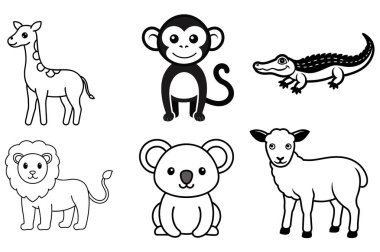 Bir timsah, zürafa, koala, maymun, aslan ve koyunun yer aldığı hayvansal çizgilerden oluşan büyüleyici bir vektör seti. Eğitici, oyuncu ve doğa temalı tasarımlar için mükemmel..