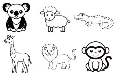 Bir timsah, zürafa, koala, maymun, aslan ve koyunun yer aldığı hayvansal çizgilerden oluşan büyüleyici bir vektör seti. Eğitici, oyuncu ve doğa temalı tasarımlar için mükemmel..