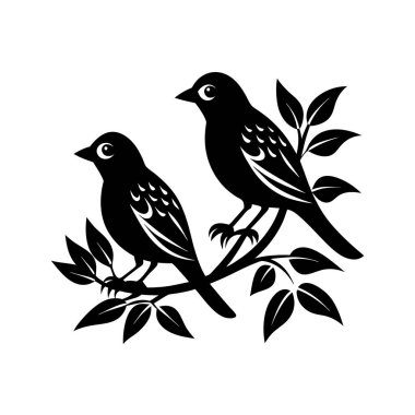 Daha beyaz bir arka planda bir dala tünemiş kuşların hassas bir temsili. Doğa temalı tasarımlar, dekoratif unsurlar ya da minimalist sanat projeleri için mükemmel..