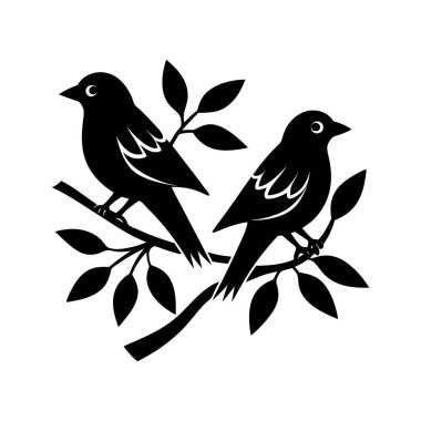 Daha beyaz bir arka planda bir dala tünemiş kuşların hassas bir temsili. Doğa temalı tasarımlar, dekoratif unsurlar ya da minimalist sanat projeleri için mükemmel..