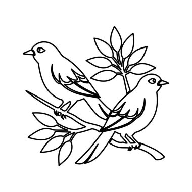 Daha beyaz bir arka planda bir dala tünemiş kuşların hassas bir temsili. Doğa temalı tasarımlar, dekoratif unsurlar ya da minimalist sanat projeleri için mükemmel..