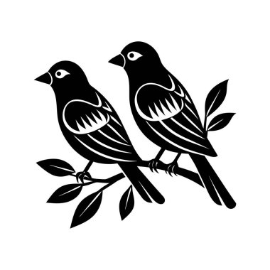 Daha beyaz bir arka planda bir dala tünemiş kuşların hassas bir temsili. Doğa temalı tasarımlar, dekoratif unsurlar ya da minimalist sanat projeleri için mükemmel..