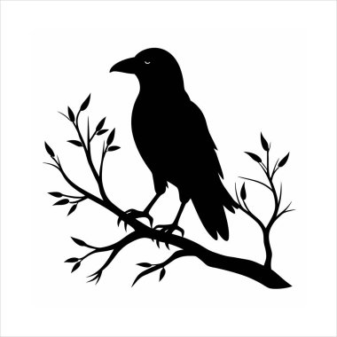 A striking vector illustration of a raven bird silhouette perched on a tree branch, perfect for spooky designs, Halloween projects, or nature-themed artworks with a gothic twist. clipart