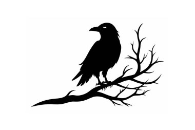 A striking vector illustration of a raven bird silhouette perched on a tree branch, perfect for spooky designs, Halloween projects, or nature-themed artworks with a gothic twist. clipart