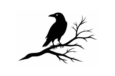 A striking vector illustration of a raven bird silhouette perched on a tree branch, perfect for spooky designs, Halloween projects, or nature-themed artworks with a gothic twist. clipart