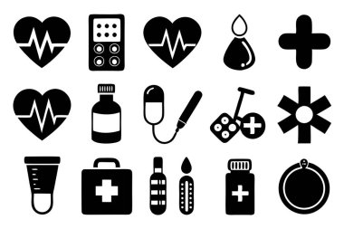 İlaç, doktor, sağlık sigortası ve tıbbi aletler de dahil olmak üzere çok yönlü bir ilaç ve sağlık ikonu seti. Sağlık uygulamaları, web siteleri ve eğitim tasarımları için mükemmel.