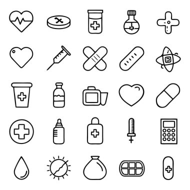 İlaç, doktor, sağlık sigortası ve tıbbi aletler de dahil olmak üzere çok yönlü bir ilaç ve sağlık ikonu seti. Sağlık uygulamaları, web siteleri ve eğitim tasarımları için mükemmel.