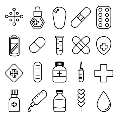 İlaç, doktor, sağlık sigortası ve tıbbi aletler de dahil olmak üzere çok yönlü bir ilaç ve sağlık ikonu seti. Sağlık uygulamaları, web siteleri ve eğitim tasarımları için mükemmel.
