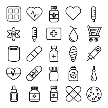 İlaç, doktor, sağlık sigortası ve tıbbi aletler de dahil olmak üzere çok yönlü bir ilaç ve sağlık ikonu seti. Sağlık uygulamaları, web siteleri ve eğitim tasarımları için mükemmel.