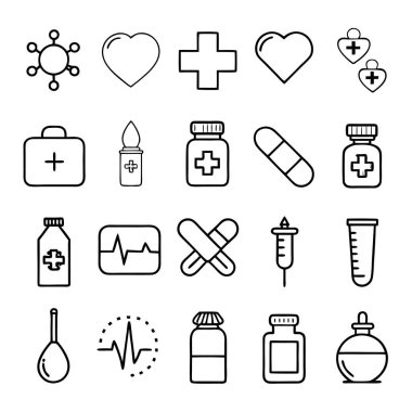 İlaç, doktor, sağlık sigortası ve tıbbi aletler de dahil olmak üzere çok yönlü bir ilaç ve sağlık ikonu seti. Sağlık uygulamaları, web siteleri ve eğitim tasarımları için mükemmel.