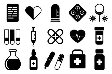 İlaç, doktor, sağlık sigortası ve tıbbi aletler de dahil olmak üzere çok yönlü bir ilaç ve sağlık ikonu seti. Sağlık uygulamaları, web siteleri ve eğitim tasarımları için mükemmel.