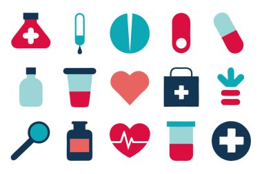 İlaç, doktor, sağlık sigortası ve tıbbi aletler de dahil olmak üzere çok yönlü bir ilaç ve sağlık ikonu seti. Sağlık uygulamaları, web siteleri ve eğitim tasarımları için mükemmel.