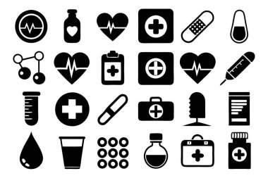 İlaç, doktor, sağlık sigortası ve tıbbi aletler de dahil olmak üzere çok yönlü bir ilaç ve sağlık ikonu seti. Sağlık uygulamaları, web siteleri ve eğitim tasarımları için mükemmel.