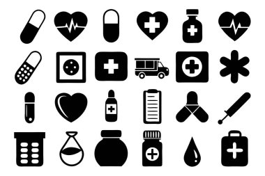 İlaç, doktor, sağlık sigortası ve tıbbi aletler de dahil olmak üzere çok yönlü bir ilaç ve sağlık ikonu seti. Sağlık uygulamaları, web siteleri ve eğitim tasarımları için mükemmel.