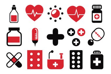 İlaç, doktor, sağlık sigortası ve tıbbi aletler de dahil olmak üzere çok yönlü bir ilaç ve sağlık ikonu seti. Sağlık uygulamaları, web siteleri ve eğitim tasarımları için mükemmel.