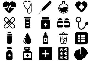 İlaç, doktor, sağlık sigortası ve tıbbi aletler de dahil olmak üzere çok yönlü bir ilaç ve sağlık ikonu seti. Sağlık uygulamaları, web siteleri ve eğitim tasarımları için mükemmel.