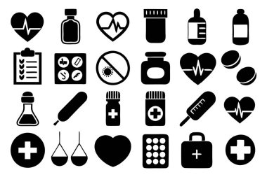 İlaç, doktor, sağlık sigortası ve tıbbi aletler de dahil olmak üzere çok yönlü bir ilaç ve sağlık ikonu seti. Sağlık uygulamaları, web siteleri ve eğitim tasarımları için mükemmel.