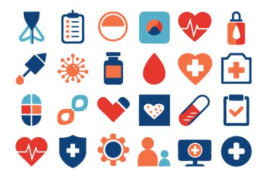 İlaç, doktor, sağlık sigortası ve tıbbi aletler de dahil olmak üzere çok yönlü bir ilaç ve sağlık ikonu seti. Sağlık uygulamaları, web siteleri ve eğitim tasarımları için mükemmel.