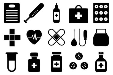 İlaç, doktor, sağlık sigortası ve tıbbi aletler de dahil olmak üzere çok yönlü bir ilaç ve sağlık ikonu seti. Sağlık uygulamaları, web siteleri ve eğitim tasarımları için mükemmel.