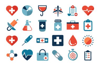 İlaç, doktor, sağlık sigortası ve tıbbi aletler de dahil olmak üzere çok yönlü bir ilaç ve sağlık ikonu seti. Sağlık uygulamaları, web siteleri ve eğitim tasarımları için mükemmel.