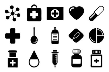 İlaç, doktor, sağlık sigortası ve tıbbi aletler de dahil olmak üzere çok yönlü bir ilaç ve sağlık ikonu seti. Sağlık uygulamaları, web siteleri ve eğitim tasarımları için mükemmel.